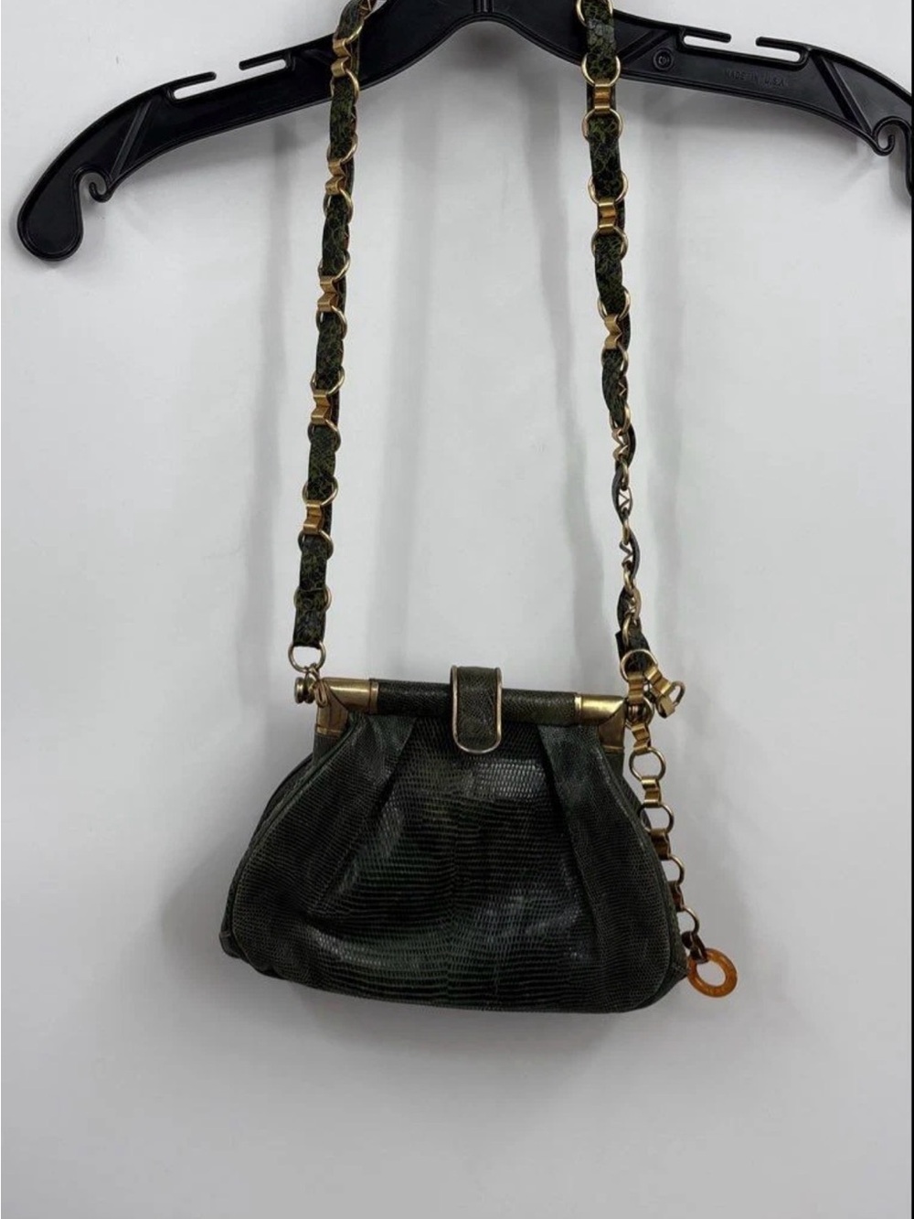 Vintage Women's Black Green Inner Pockets Lizard Embossed Leather Crossbody Bag